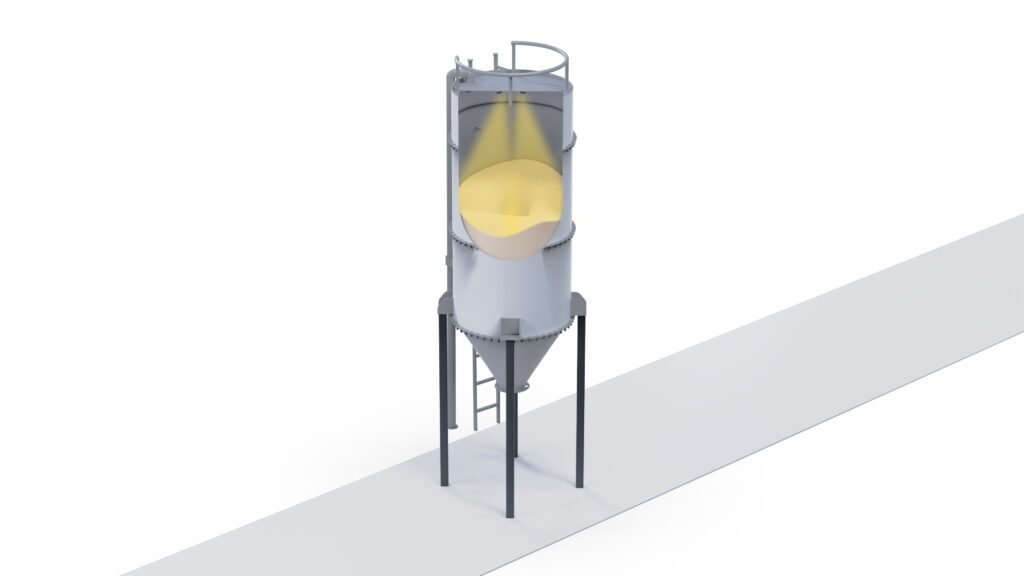 Rendering zeigt die Positionierung der QbVolume-Sensoren im Silo zur Füllstandsmessung von Schüttgut und zur Silo Bestandsüberwachung mit 3D-Füllstandsensoren.