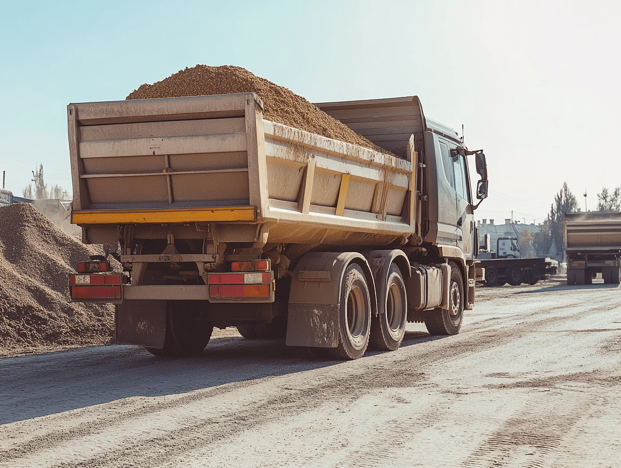 LKW mit Ladefläche, beladen mit Schüttgut (Kies/Sand)