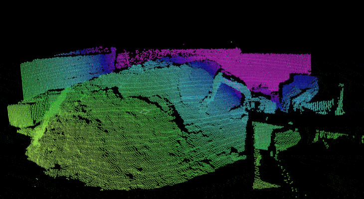 Animated point cloud showing an excavator taking material from a large waste stockpile – example of smart waste management