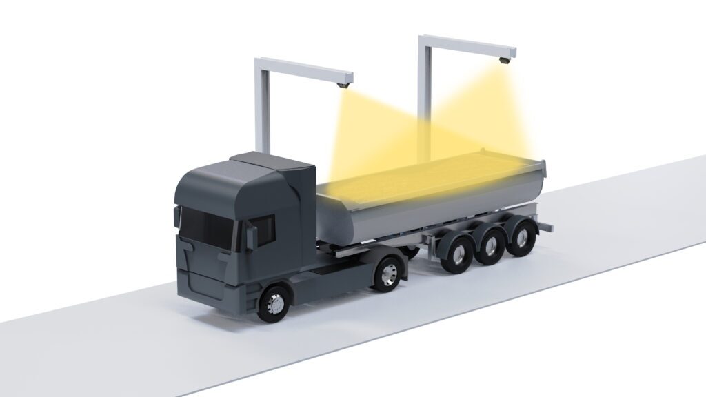 Rendering des 3D-LiDAR-basierten Systems von Blickfeld zur LKW-Ladevolumen Vermessung, das einen Kipper kontaktlos und präzise beim Scannen der Schüttgutladung erfasst.