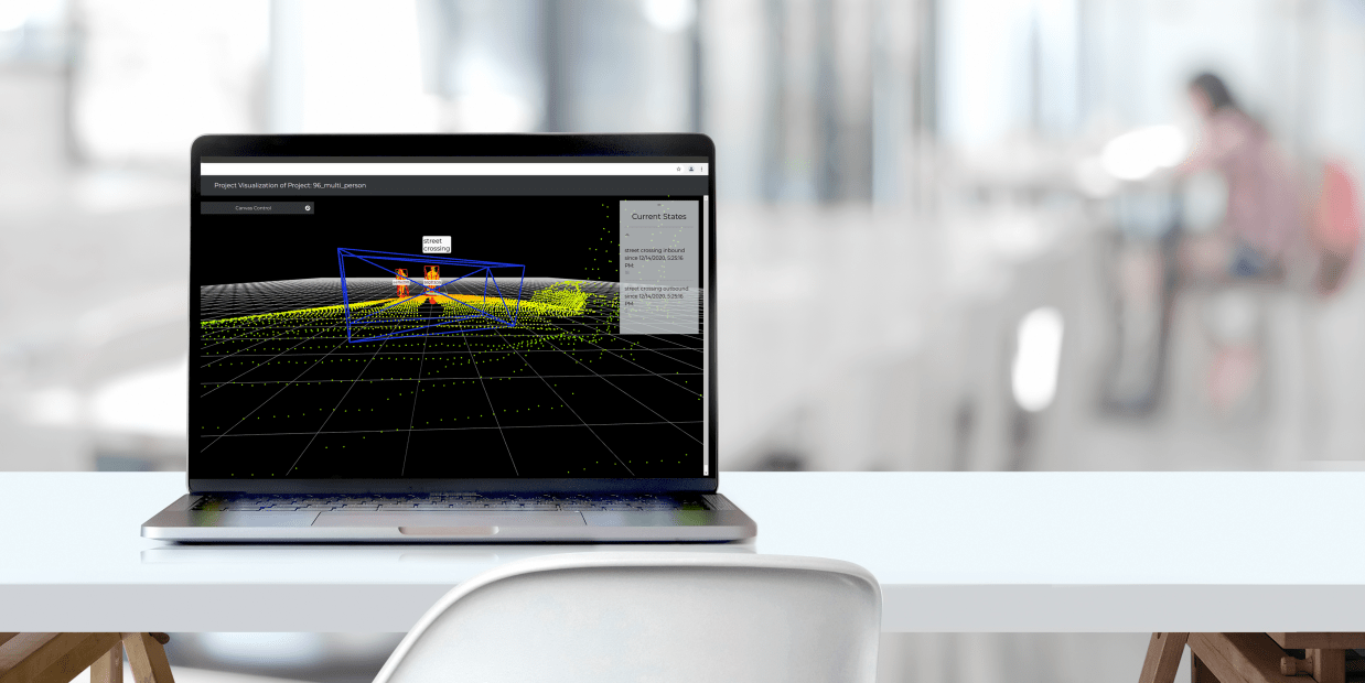 3D LiDAR point cloud showing two people approaching a defined detection zone, processed in real time by perception software.