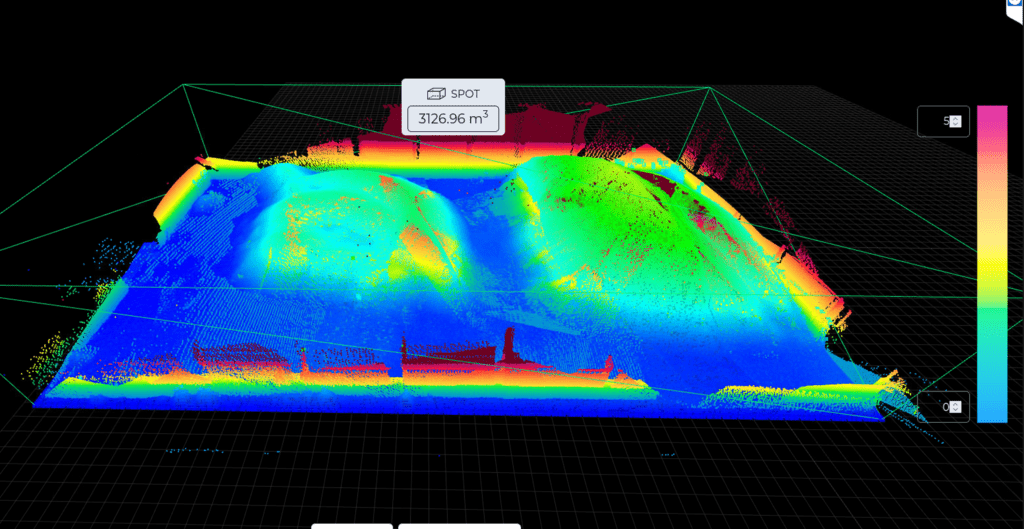 3D point cloud of a large stockpile with volume zone overlay, created from multi-sensor LiDAR data for accurate stockpile volume measurement