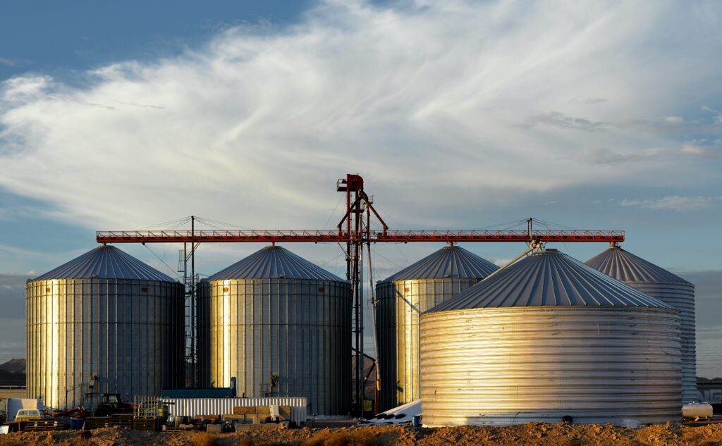 Grain silo used for bulk solids measurement and storage in agricultural operations.