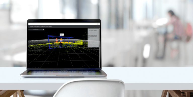 3D LiDAR point cloud showing two people approaching a defined detection zone, processed in real time by perception software.