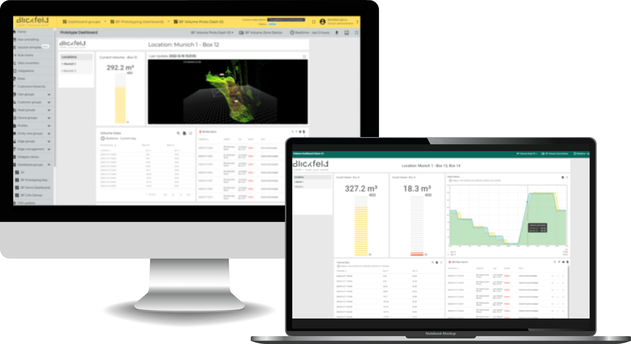 Visualization of a Blickfeld volume monitoring customer dashboard displaying current fill levels and historical stockpile inventory data for efficient bulk material management.