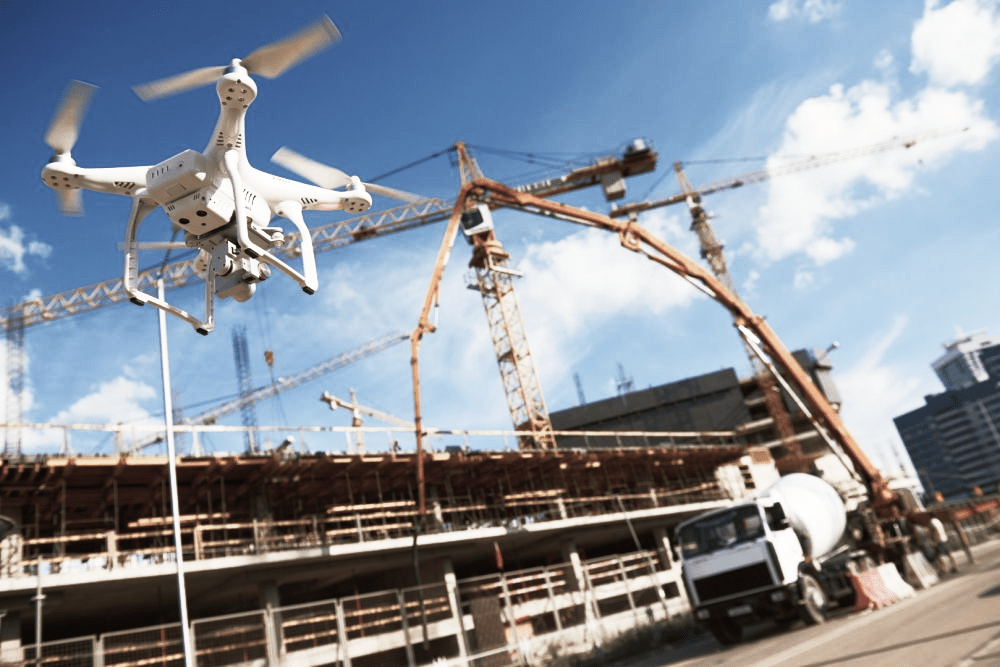 drone flying over construction site