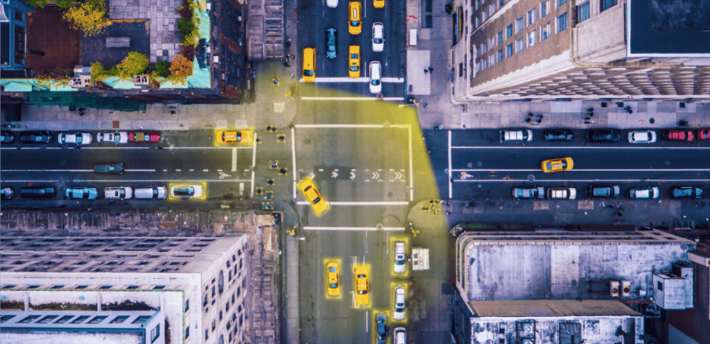 Intersection in city houses top view traffic detection with LiDAR in infrastructure