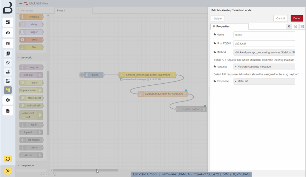 Low-code interface of Blickfeld Flow with drag-and-drop nodes for configuring LiDAR data processing logic.