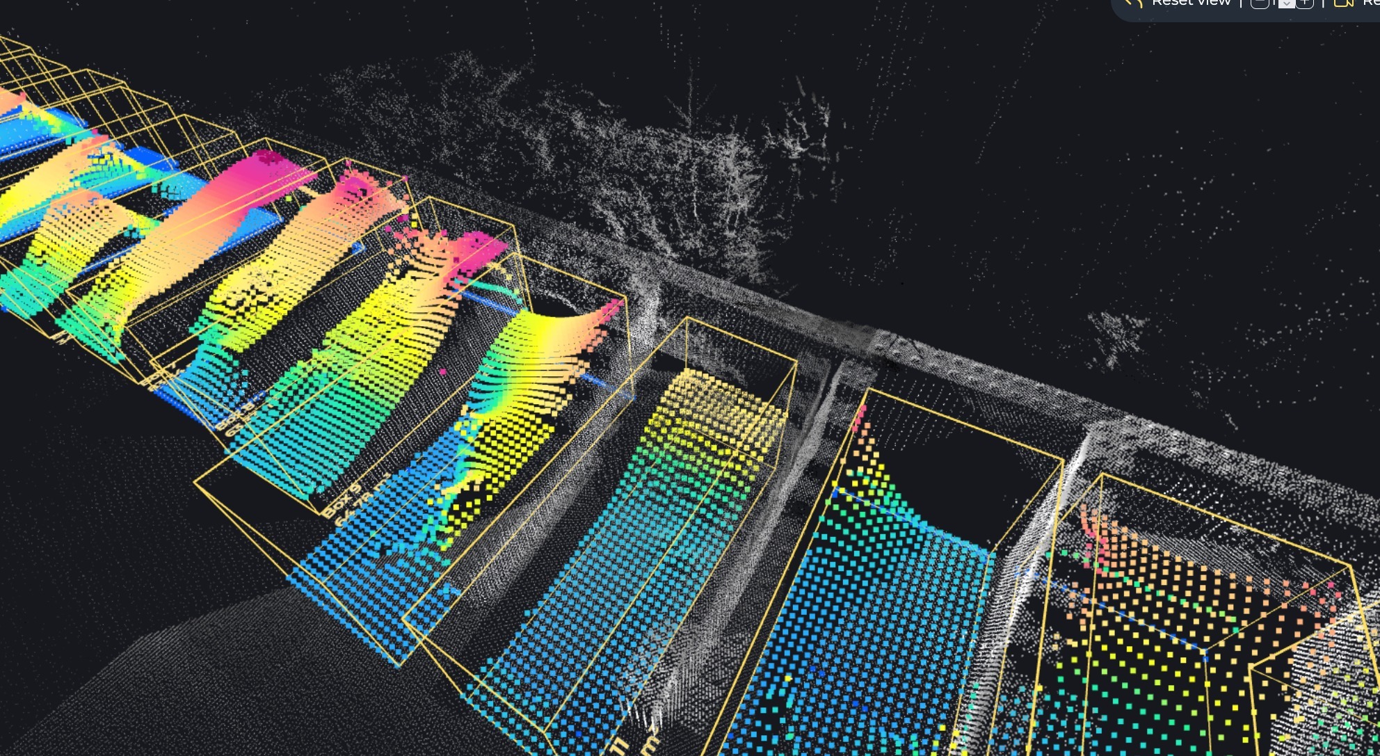 3D point cloud generated by a LiDAR sensor, showing the detailed surface structure of bulk materials stored in outdoor bays.