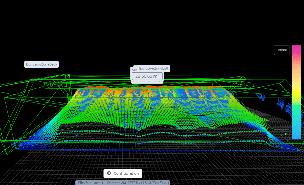 Point cloud showing stored clinker with volume measurement information – result of clinker stockpile measurement