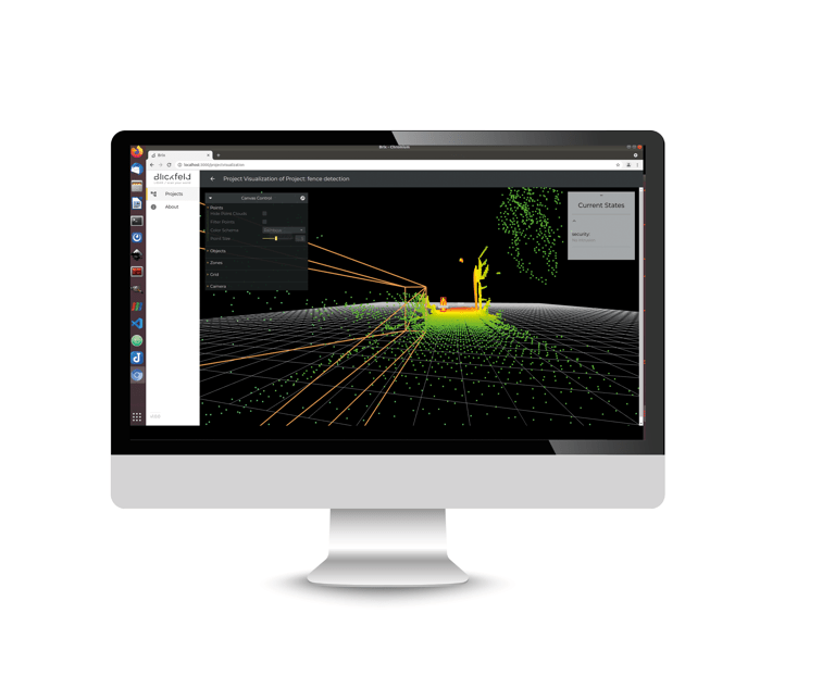 LiDAR-based 3D point cloud with real-time detection of a person approaching a virtual security zone.