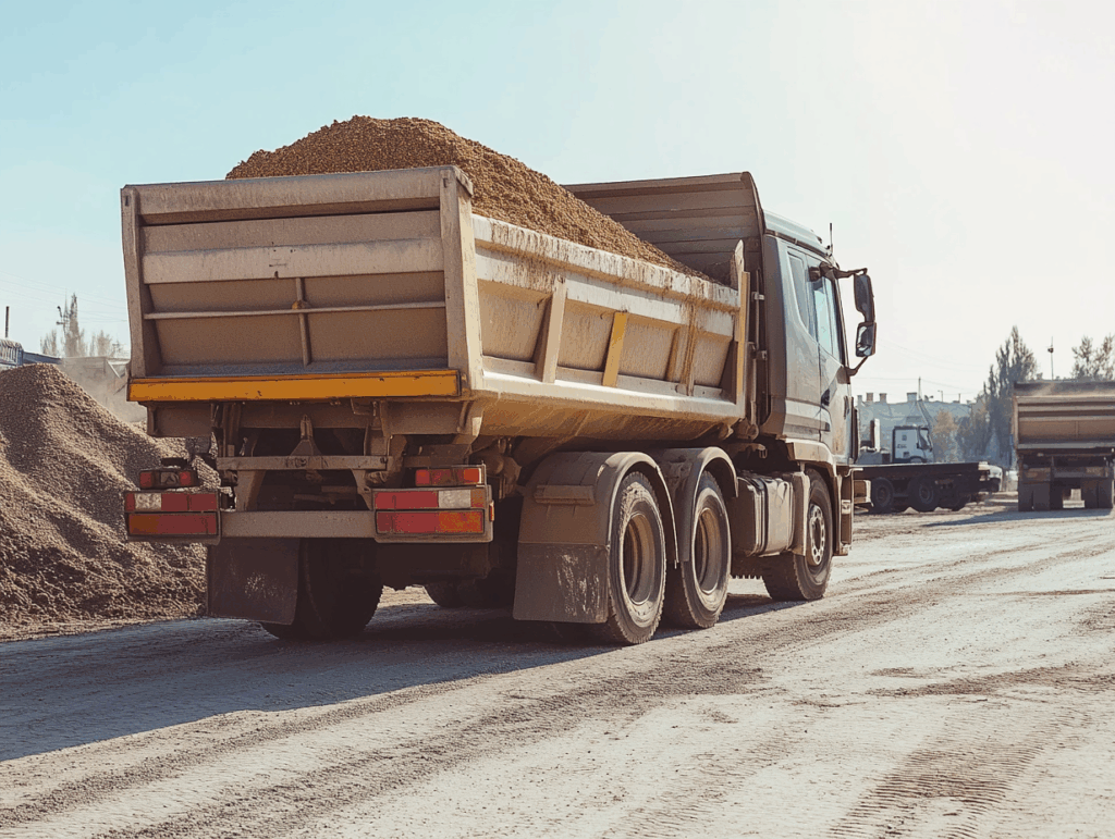 LKW mit Ladefläche, beladen mit Schüttgut (Kies/Sand)